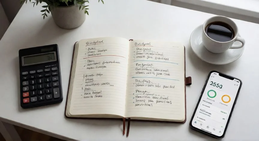 Cuaderno de presupuesto y teléfono con app de finanzas sobre escritorio
