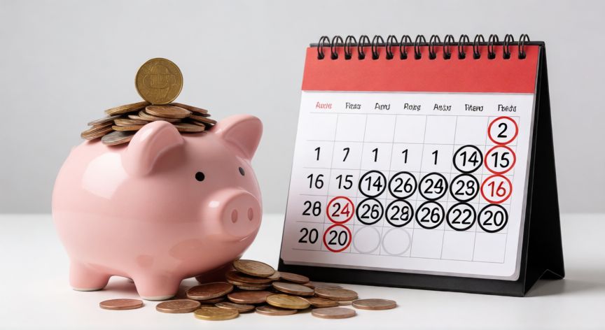 como ahorrar facil y rapido, Cerdo de ahorros lleno de monedas junto a un calendario de metas