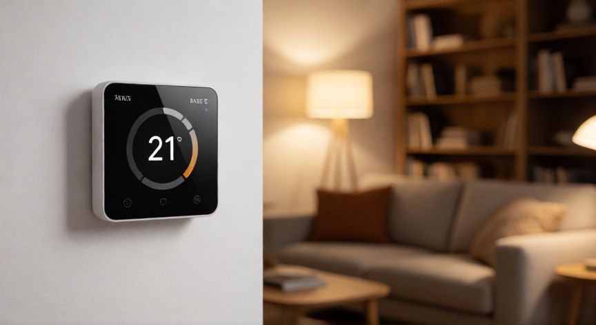 como ahorrar factura gas, Termostato inteligente ajustado a 21 grados en un salón acogedor