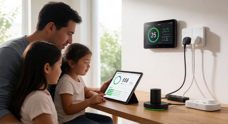 como ahorrar factura luz, Familia revisando consumo eléctrico en una casa moderna