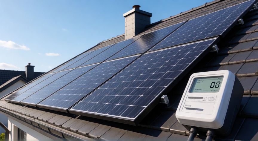 como ahorrar factura luz, Paneles solares en tejado de vivienda con medidor energético
