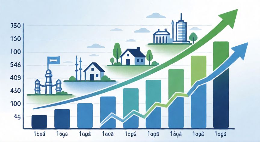 como ahorrar fondo nacional del ahorro, Gráfico de barras ascendente simbolizando el crecimiento del ahorro financiero y la inversión en infraestructura.