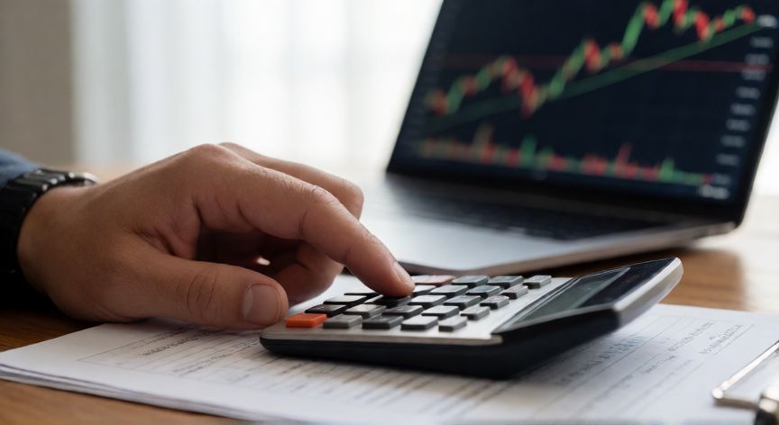 como ahorrar fondo nacional del ahorro, Persona revisando documentos financieros y calculadora sobre un escritorio mientras analiza gráficos de mercado.
