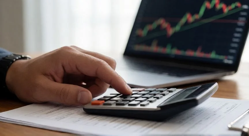 como ahorrar fondo nacional del ahorro, Persona revisando documentos financieros y calculadora sobre un escritorio mientras analiza gráficos de mercado.