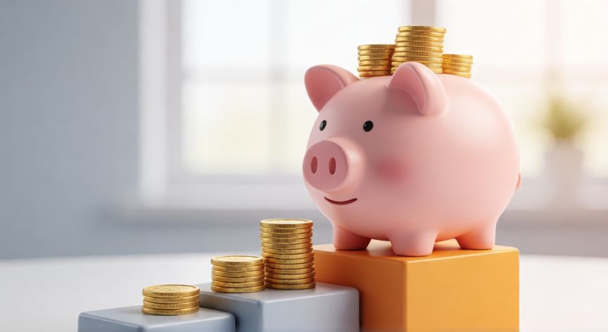 como ahorrar fondos de reserva, Hucha de cerdo con monedas y gráfico de crecimiento financiero