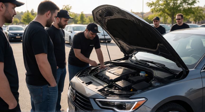 como ahorrar forocoches, Grupo de conductores revisando un coche en un aparcamiento