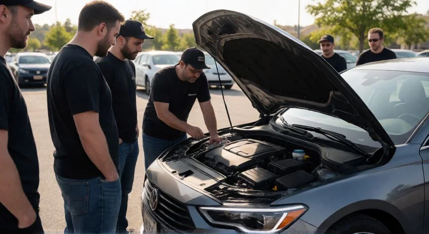como ahorrar forocoches, Grupo de conductores revisando un coche en un aparcamiento