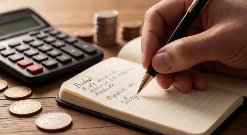 como ahorrar ganando poco, Persona anotando gastos en una libreta de presupuesto con una calculadora y monedas
