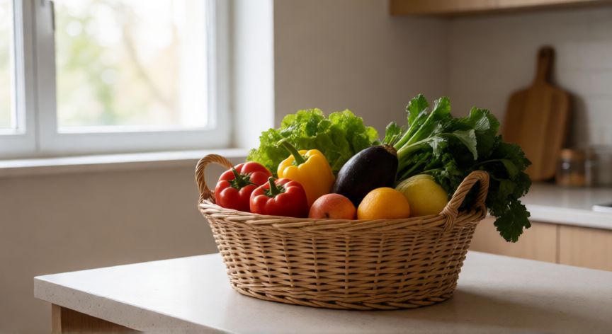 como ahorrar ganando poco, Cesta llena de frutas y verduras frescas de temporada sobre la encimera de una cocina