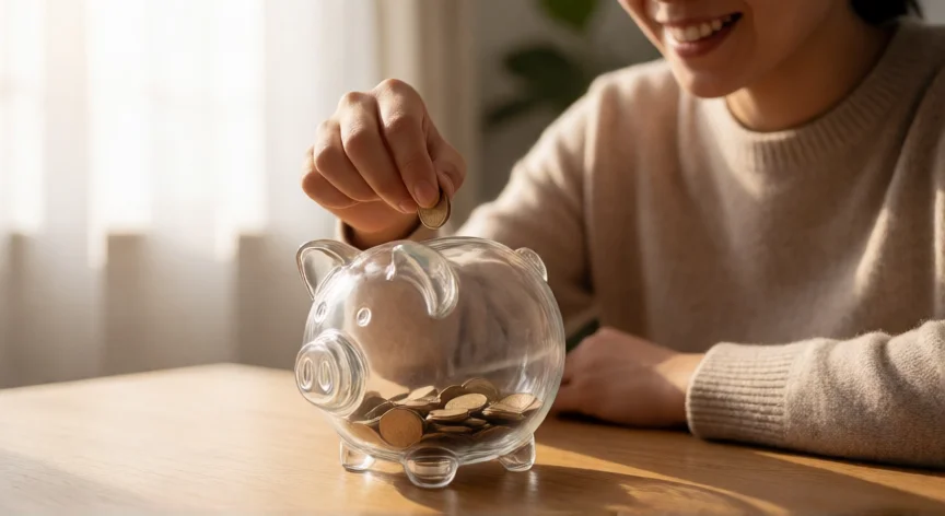 como ahorrar ganando poco, Manos separando groceries con lista y sobre de ahorro en cocina