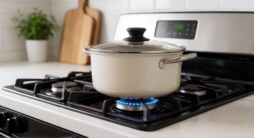 como ahorrar gas en casa, Cocina eficiente con olla tapada en hornilla de gas adecuada