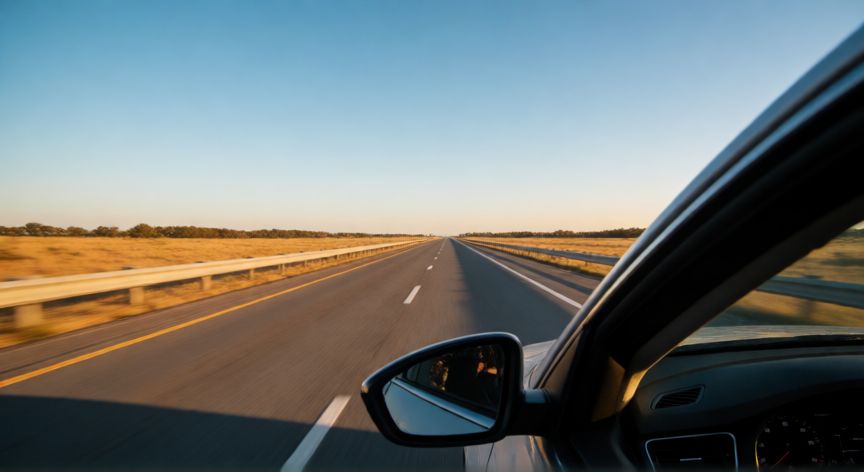 como ahorrar gasoil en el coche, Coche diésel circulando por una carretera abierta al atardecer