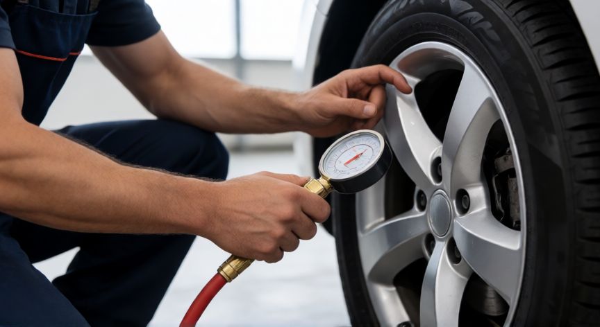 como ahorrar gasolina, Mecánico comprobando la presión de las llantas
