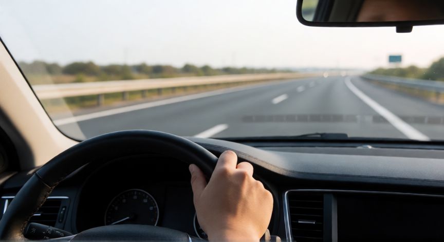 Perspectiva desde el interior de un coche mostrando una conducción eficiente en autopista