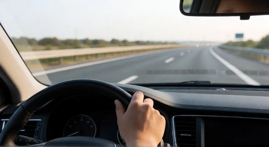 Perspectiva desde el interior de un coche mostrando una conducción eficiente en autopista