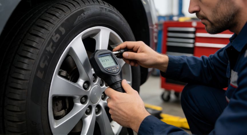 como ahorrar gasolina conduciendo, Mecánico revisando la presión de los neumáticos con un medidor digital en el taller