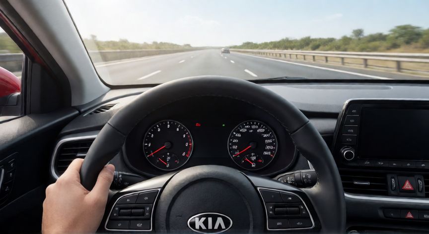 Vista desde el conductor de un Kia Rio conduciendo en carretera