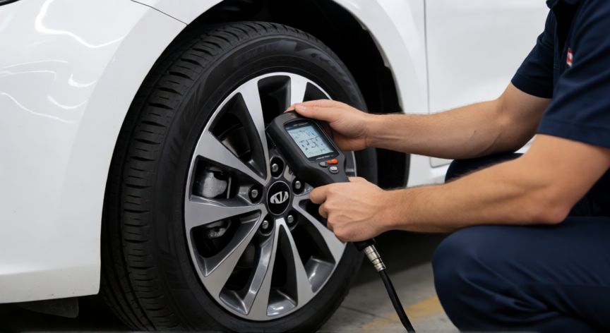 como ahorrar gasolina en kia rio, Mecánico revisando la presión de las llantas de un Kia Rio
