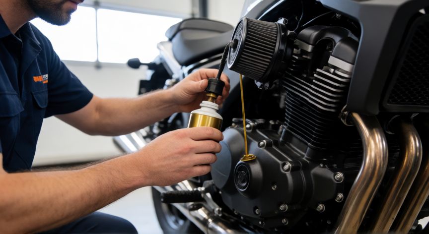 como ahorrar gasolina en moto, Mecánico revisando el motor y filtros de una motocicleta