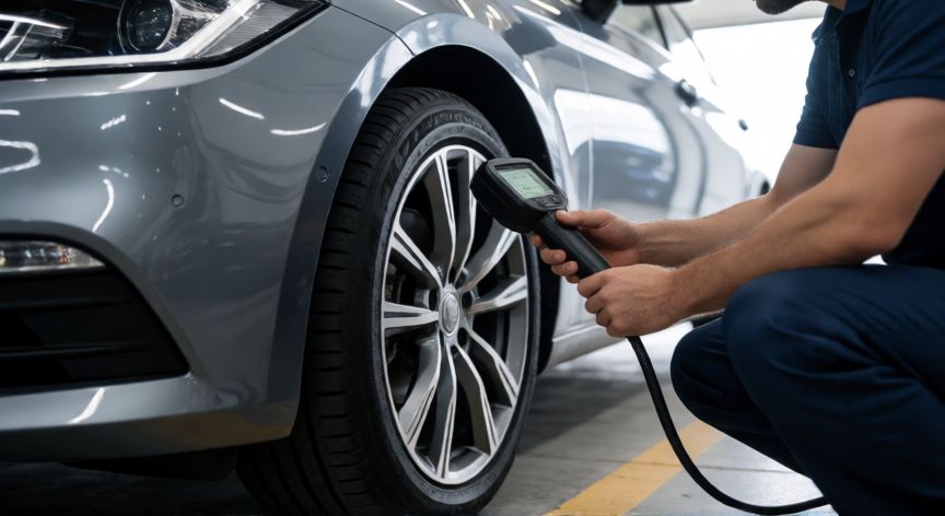 Mecánico revisando la presión de los neumáticos de un coche en un taller