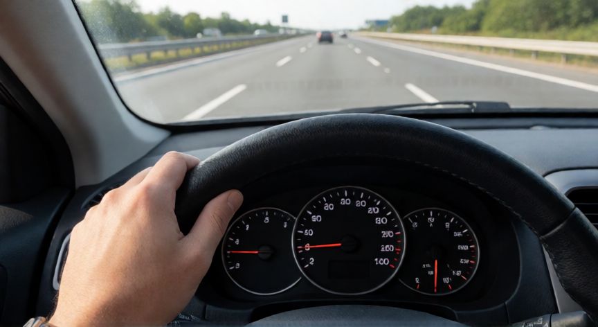 como ahorrar gasolina en viajes largos, Vista desde el asiento del conductor en una carretera con velocidad constante