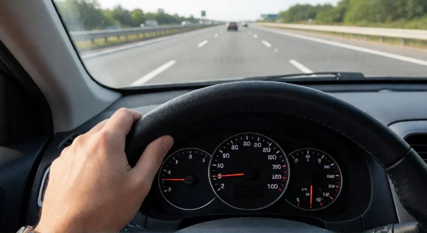 como ahorrar gasolina en viajes largos, Vista desde el asiento del conductor en una carretera con velocidad constante