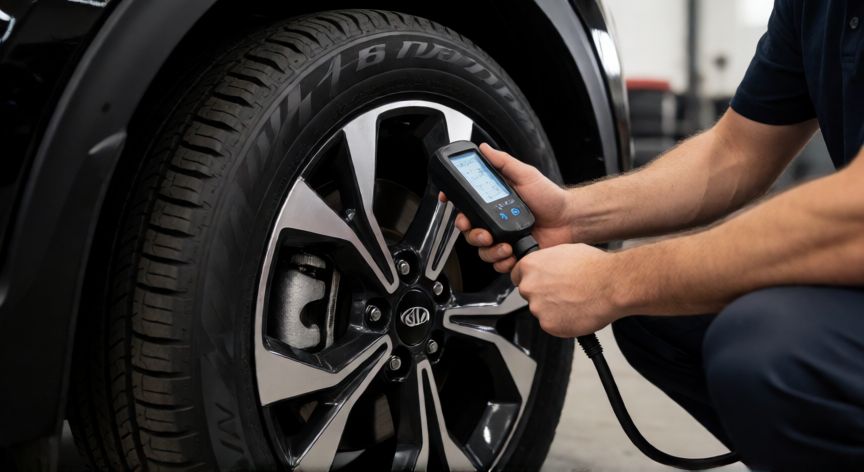 Mecánico comprobando la presión de las llantas de un Kia Sportage