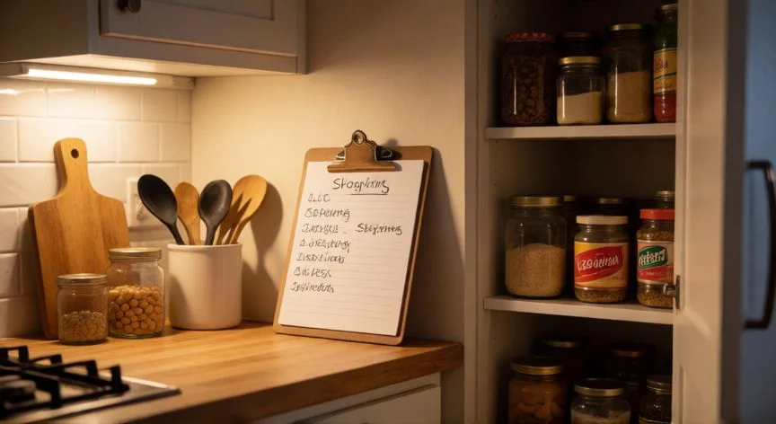 Lista de la compra en la cocina junto a la despensa abierta