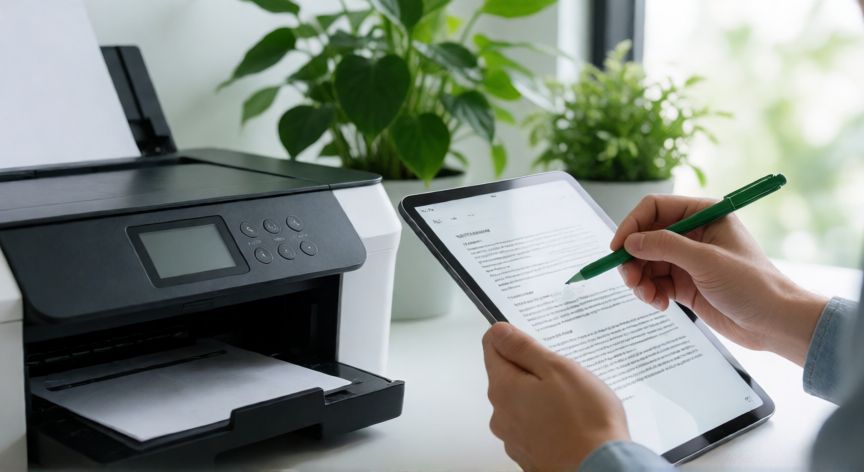 como ahorrar hojas al imprimir, Persona usando tableta para anotar documentos digitales en lugar de imprimir