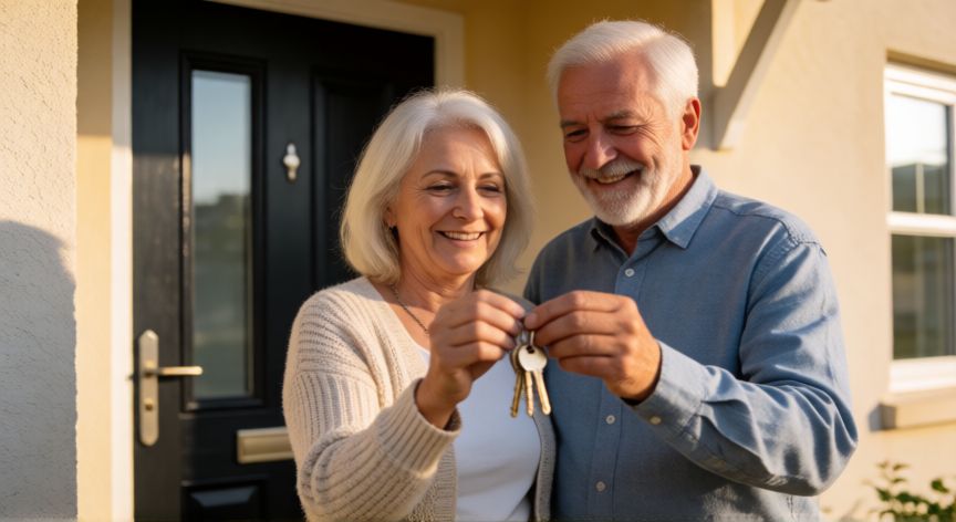 como ahorrar impuestos en la venta de una casa, Pareja mayor recibiendo las llaves de su nueva vivienda tras la venta