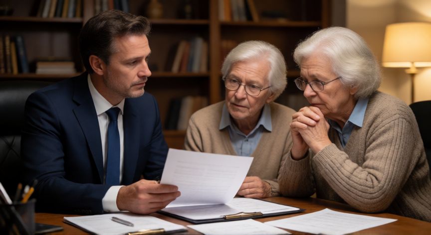 como ahorrar impuestos en una herencia, Asesor financiero explicando estrategias de ahorro fiscal en sucesiones a una pareja mayor