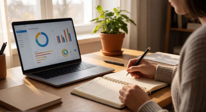 como ahorrar inteligentemente, Persona analizando su presupuesto personal en un cuaderno de finanzas