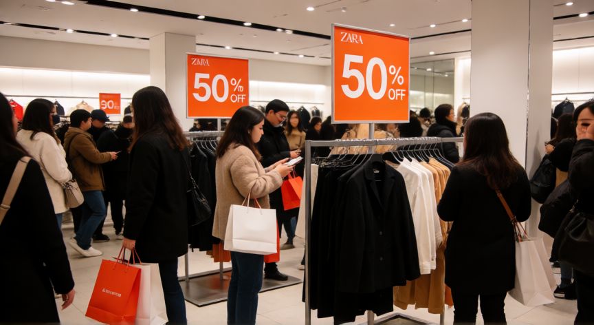 como ahorrar iva en zara, Tienda de Zara durante rebajas con carteles de descuento