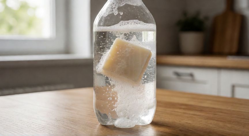 Botella de plástico con agua jabonosa y un trozo de jabón para diluirlo