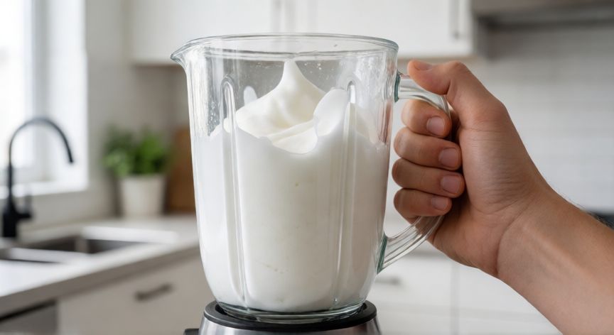 como ahorrar jabon, Vaso de licuadora con espuma de jabón recién batido listo para reutilizar