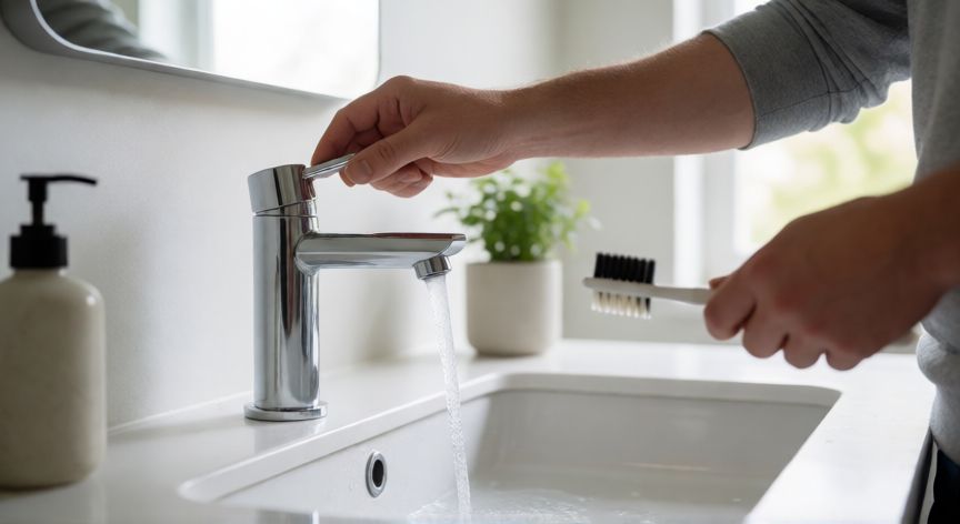 Persona cerrando el grifo mientras se cepilla los dientes para ahorrar agua
