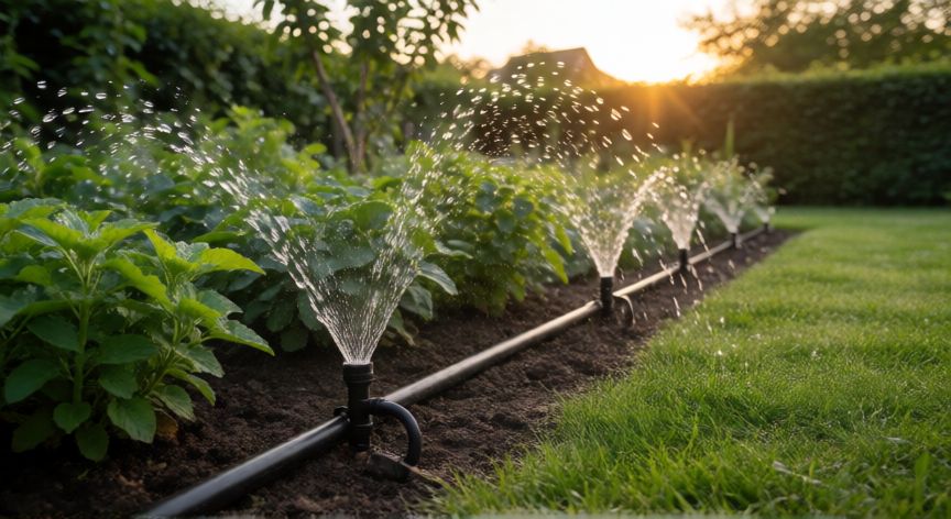 como ahorrar jw, Sistema de riego por goteo en un jardín al atardecer para un uso eficiente del agua
