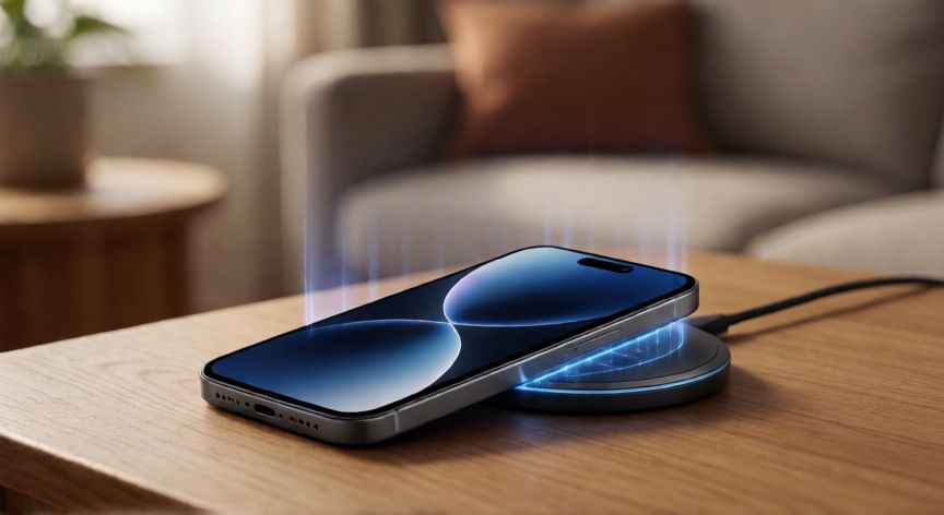 como ahorrar la bateria del iphone, iPhone cargando en una estación inalámbrica sobre una mesa de madera