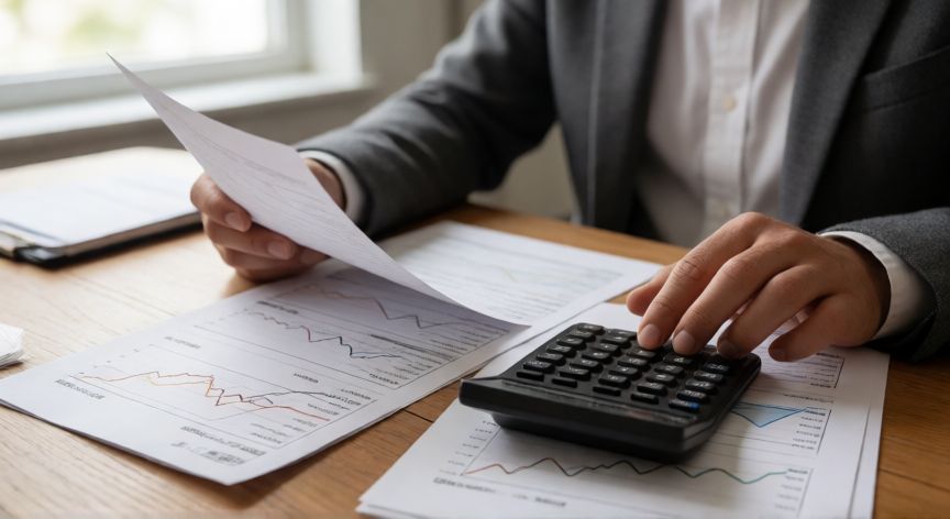 como ahorrar lo maximo posible, Persona revisando facturas y calculadora en una mesa de madera