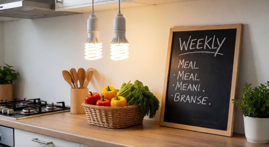 como ahorrar lo maximo posible, Plano de comidas semanal en pizarra con vegetales frescos en cocina moderna