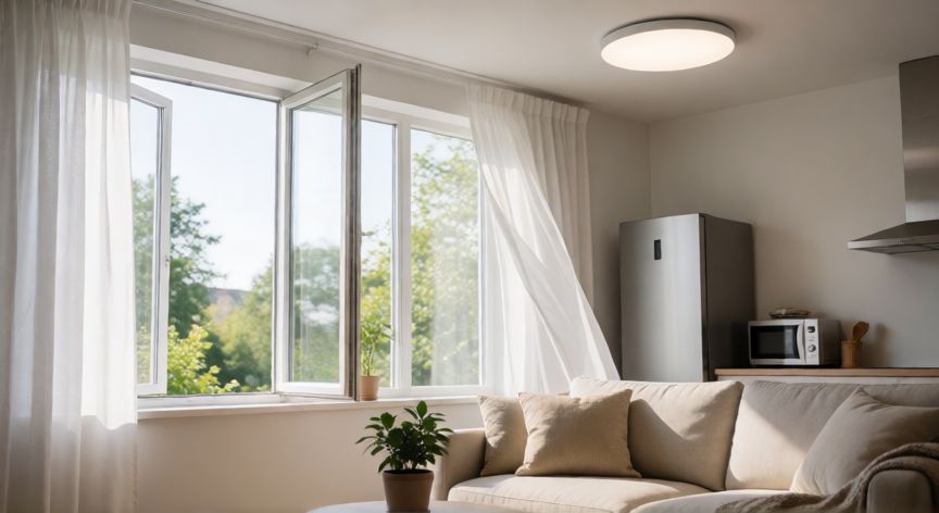 cómo ahorrar luz, Salón moderno con luz natural y bombillas LED para ahorrar energía