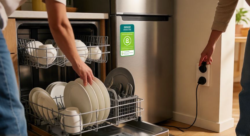 cómo ahorrar luz, Persona llenando lavavajillas y desconectando dispositivos para reducir consumo eléctrico