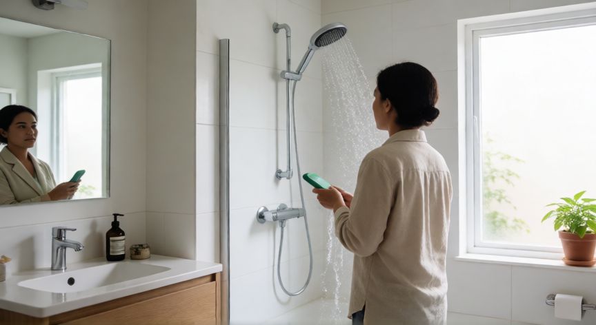 como ahorrar luz con calentador electrico, Persona duchándose con un cabezal de ducha eficiente para ahorrar agua y luz