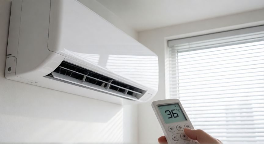 como ahorrar luz con el aire acondicionado, Control remoto de aire acondicionado ajustado a 26 grados con persianas cerradas