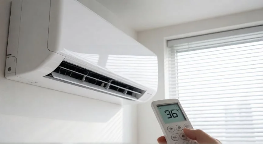 como ahorrar luz con el aire acondicionado, Salón con aire acondicionado split y termostato a 25 grados en verano