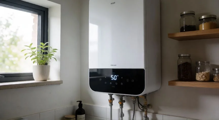 como ahorrar luz con un termo electrico, Termo eléctrico moderno con termostato ajustado a 55 grados en un baño luminoso
