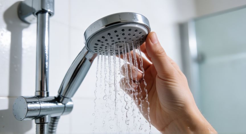 como ahorrar luz con un termo electrico, Mano ajustando la boquilla de una ducha para reducir el caudal de agua caliente