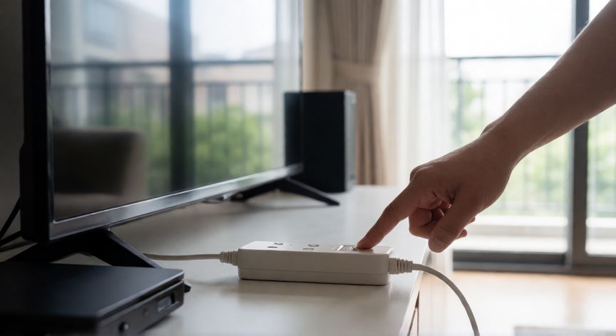 como ahorrar luz en casa, Persona desconectando regleta de enchufes en un salón iluminado por luz natural para ahorrar energía