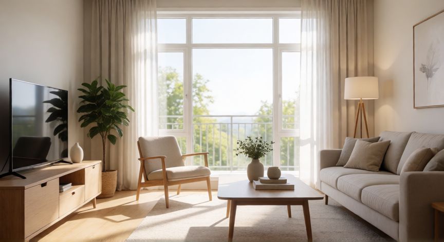 como ahorrar luz en casa trucos, Sala de estar luminosa aprovechando la luz natural del día