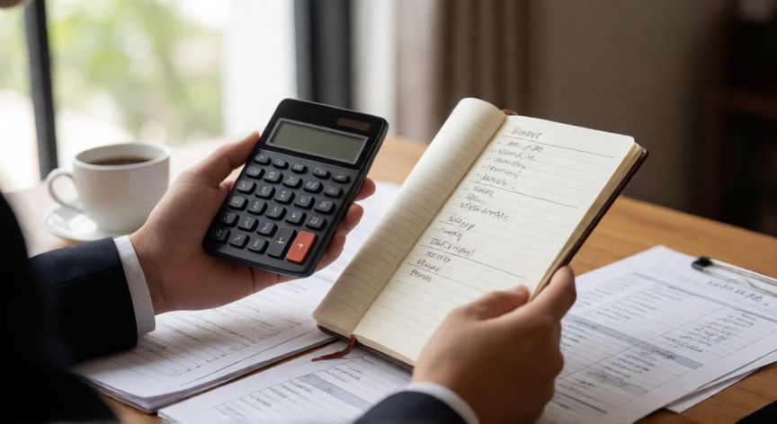 como ahorrar mas, Persona organizando presupuesto y calculadora en una mesa de madera